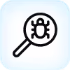 Magnifying glass icon with a bug inside, symbolizing bug detection or debugging.