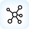 Black network connection icon with six nodes on a blue rounded square background.