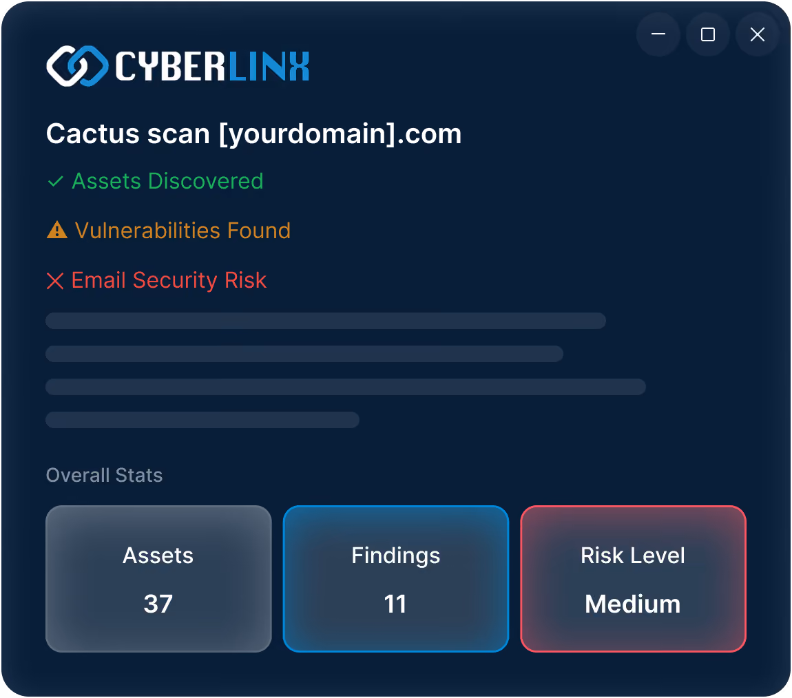 CyberLink Cactus scan shows 37 assets, 11 findings including vulnerabilities and email security risk, medium risk level.