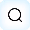 Black magnifying glass icon on a rounded white square with light blue background.