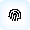 Black fingerprint icon on a white rounded square background with light blue gradient.