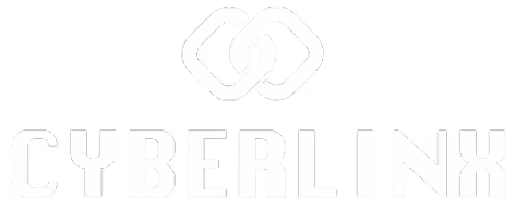 Cyberlinx brand name with linked chain links icon above it in white on a black background.
