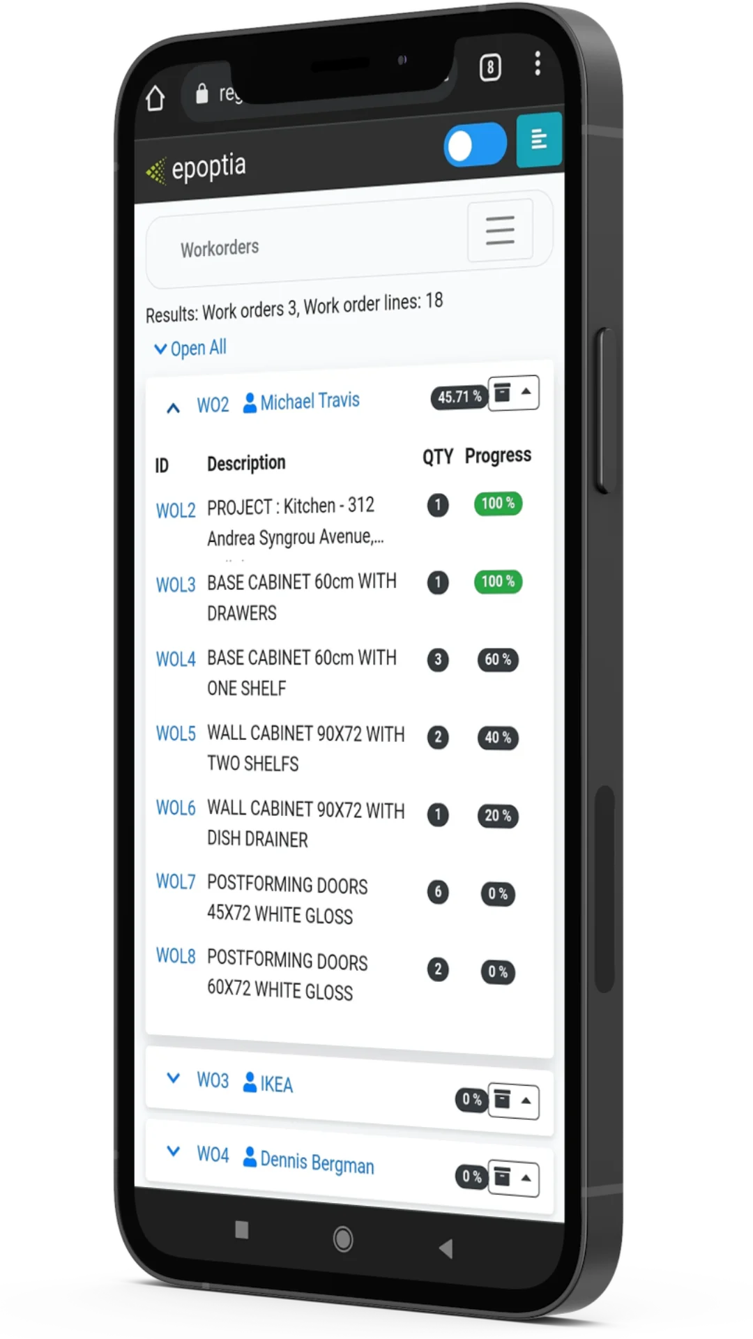 Epoptia Cloud MES mobile app interface displaying work order progress quantities and completion percentages on a smartphone.