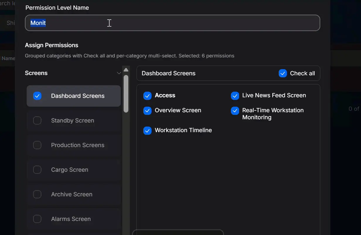 Production monitoring board — live status by workstation