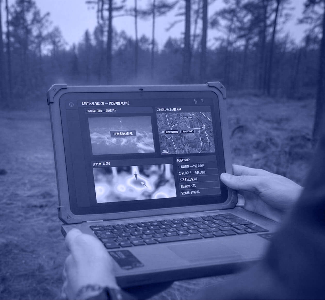 Person holding rugged laptop displaying thermal feed, surveillance map, and detection data outdoors.