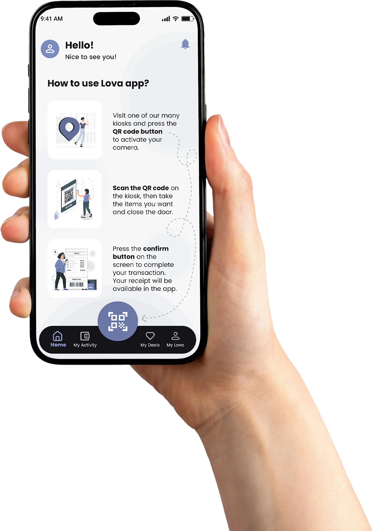 Lova app shown on a phone held in a hand