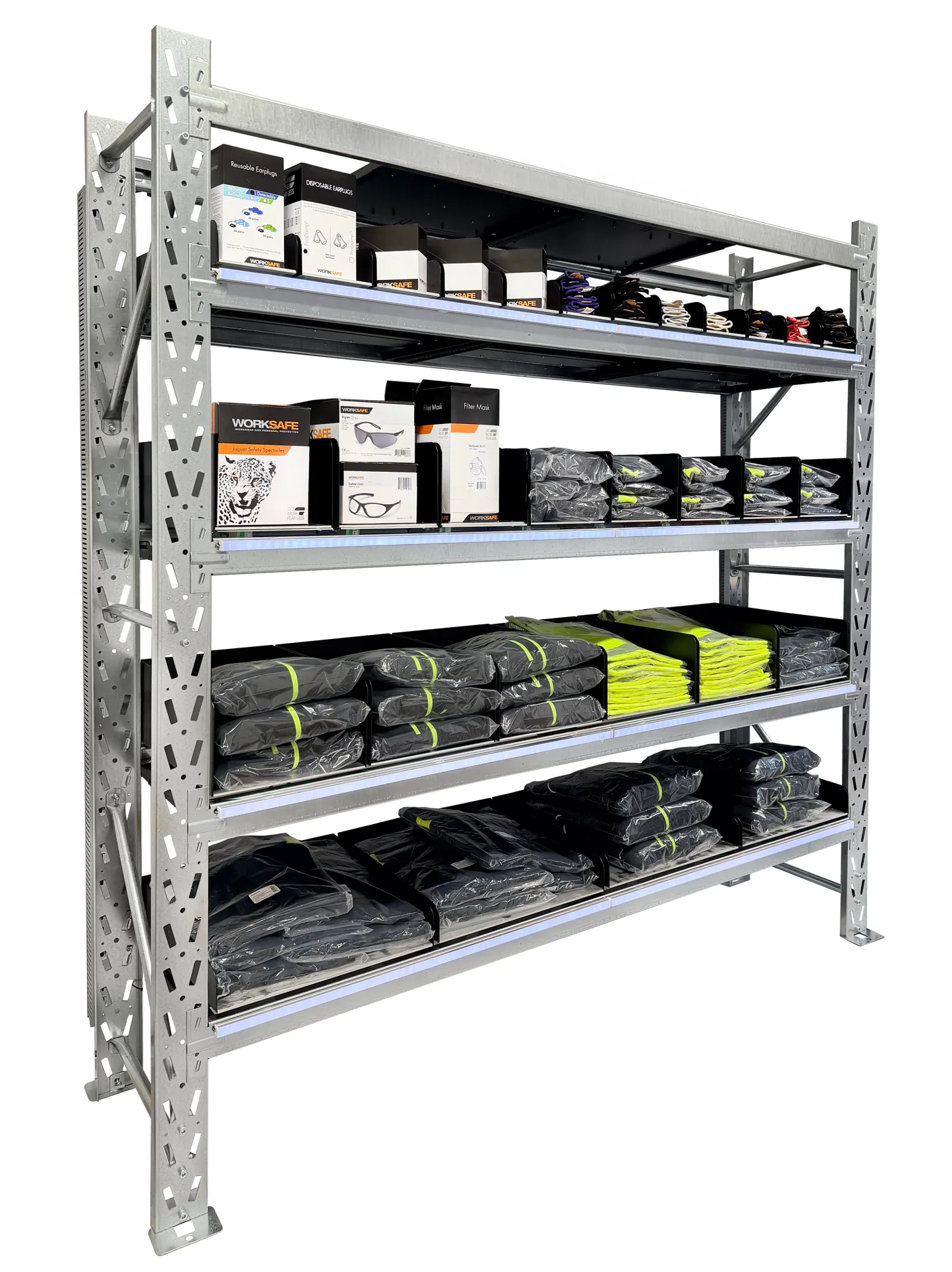 Metal shelving unit stocked with packaged safety gear including glasses, masks, and high-visibility clothing.