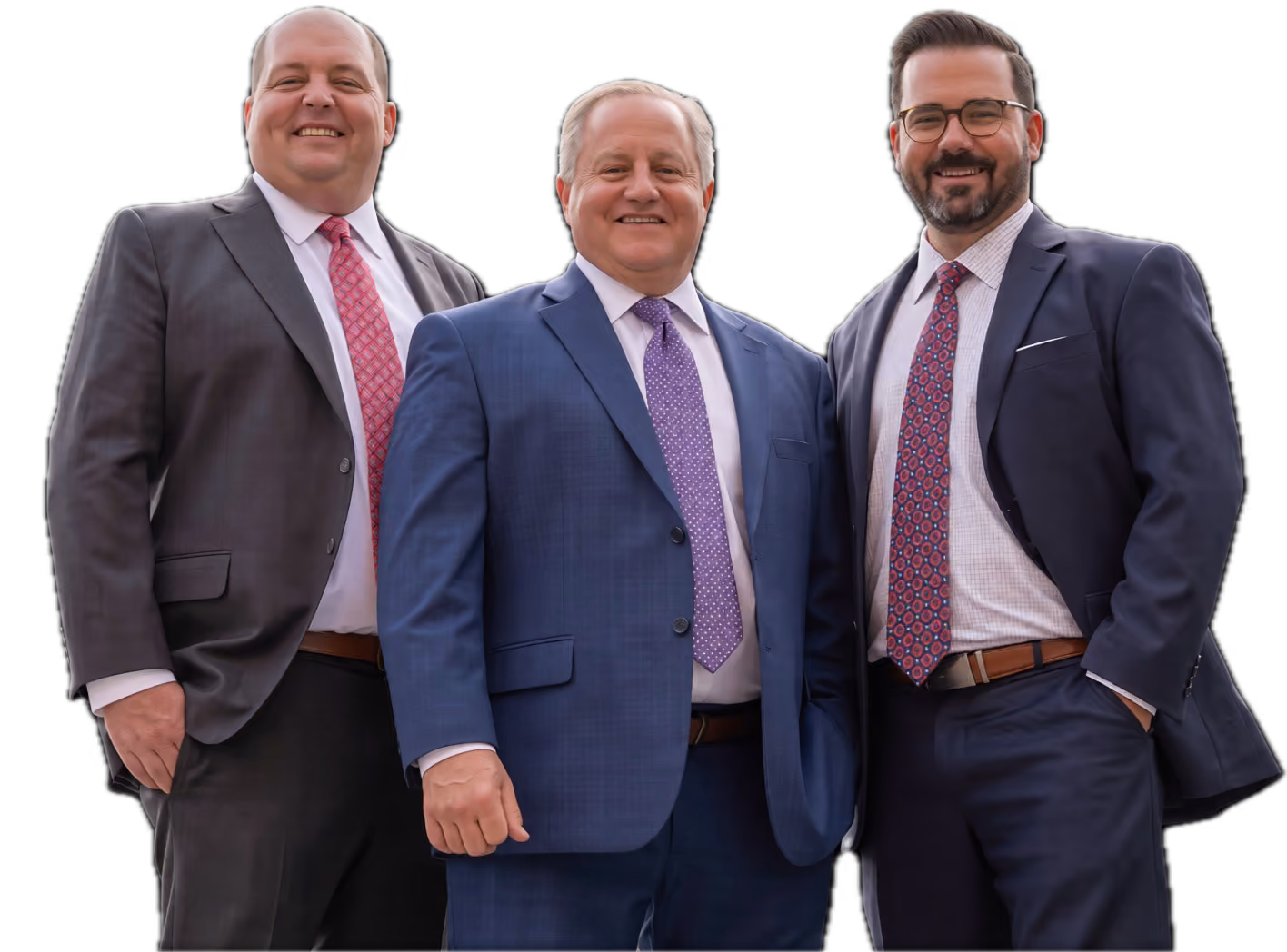 Three men in suits smiling, standing side by side, dressed in blue, gray, and black suits with ties.