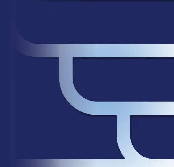 Blue abstract geometric shape with curved and straight lines on a dark blue background.
