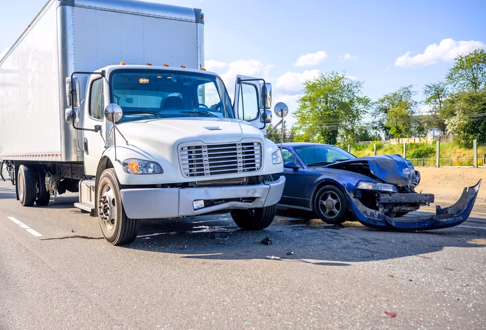 White box truck and severely damaged blue car on road after a collision on a sunny day.