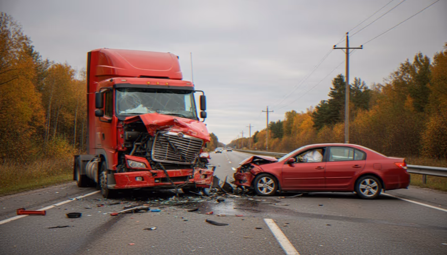 Red car and truck crashed head-on on a highway with debris scattered on the road.