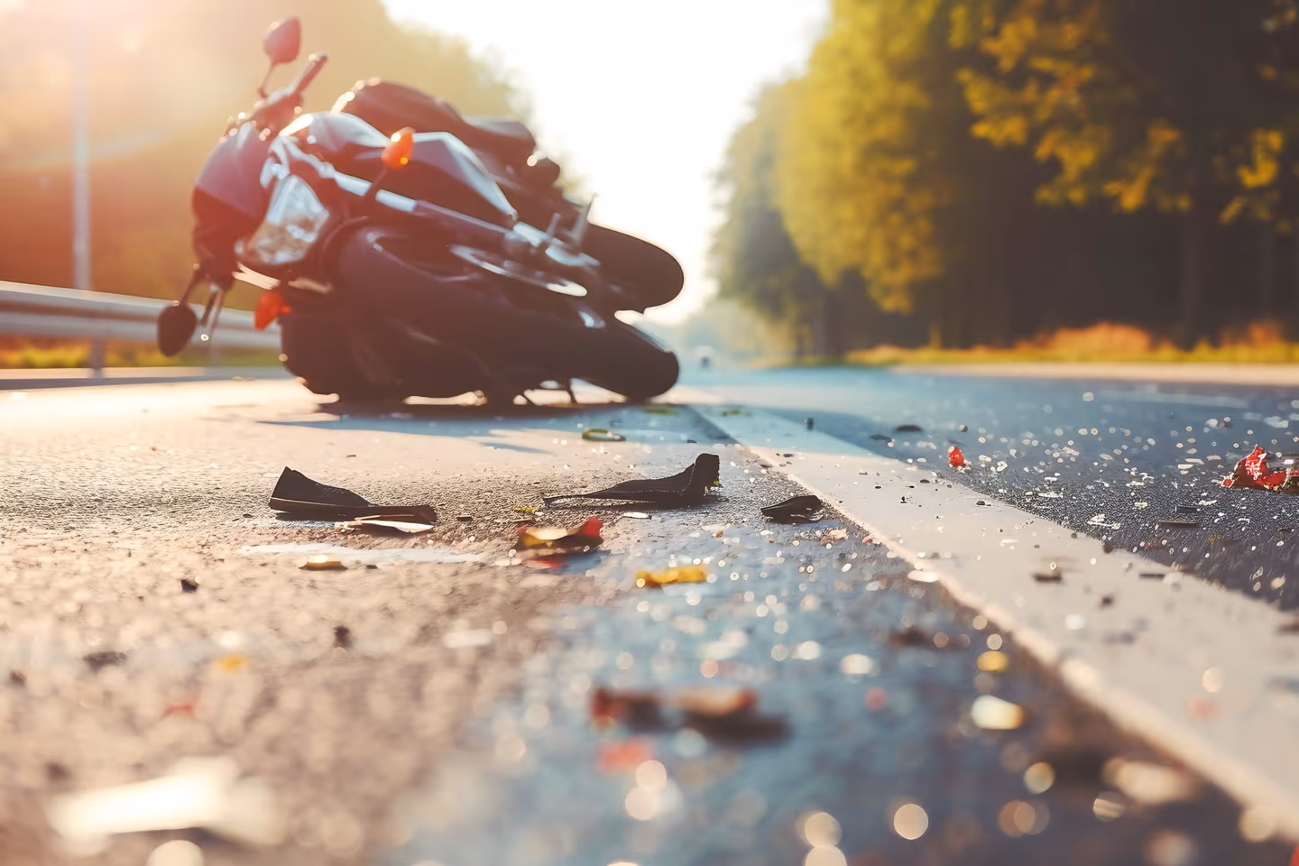 Motorcycle lying on its side on a road with scattered debris under golden sunlight.