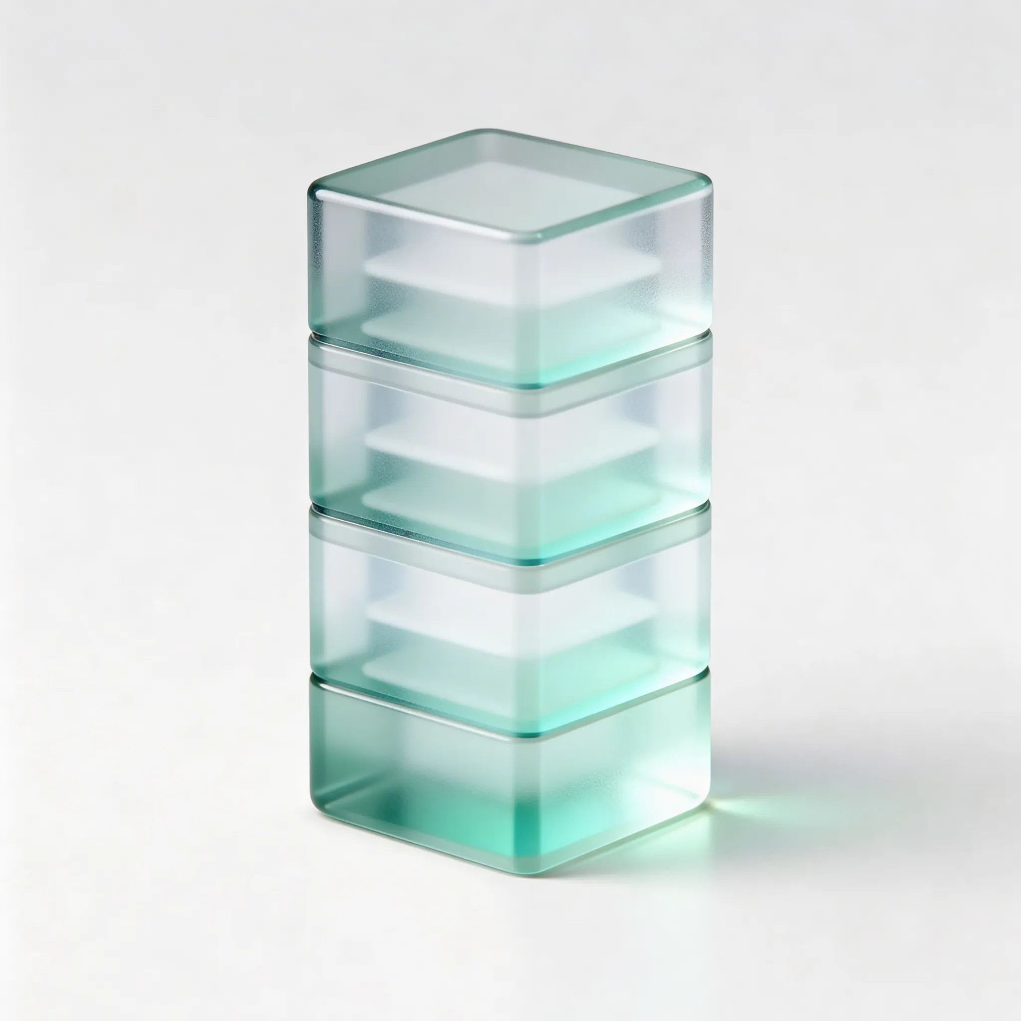 Stacked translucent cubes with greenish tint casting a soft shadow on white background.