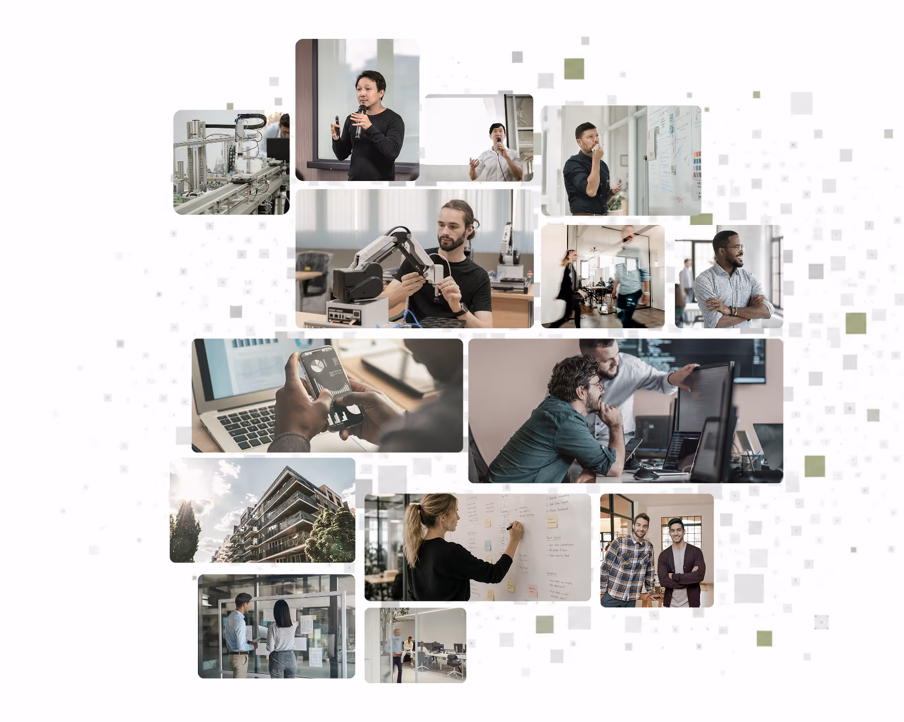 Collage of diverse professionals collaborating, working with tech, presenting, and brainstorming in modern office settings.