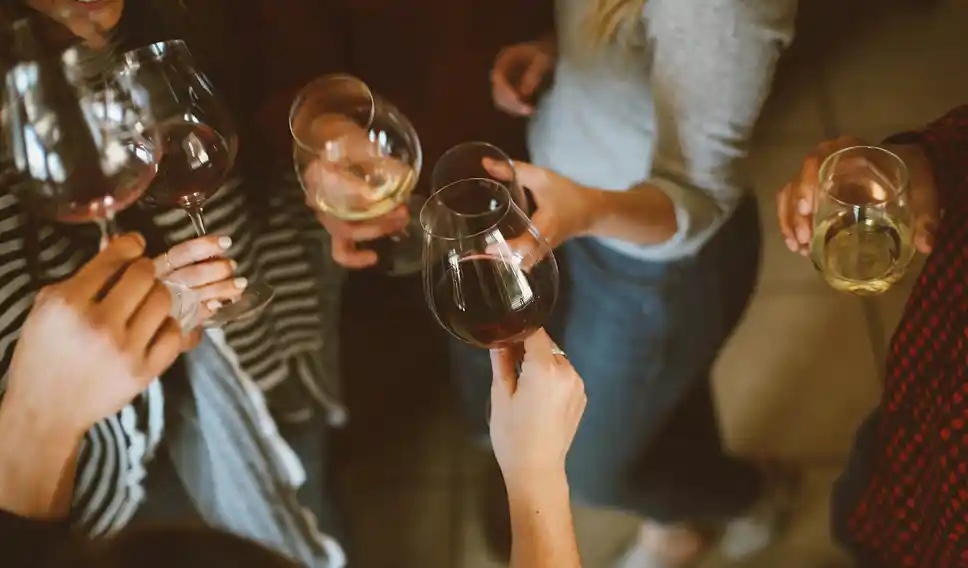 Group of people toasting with glasses of red and white wine in a warm indoor setting.