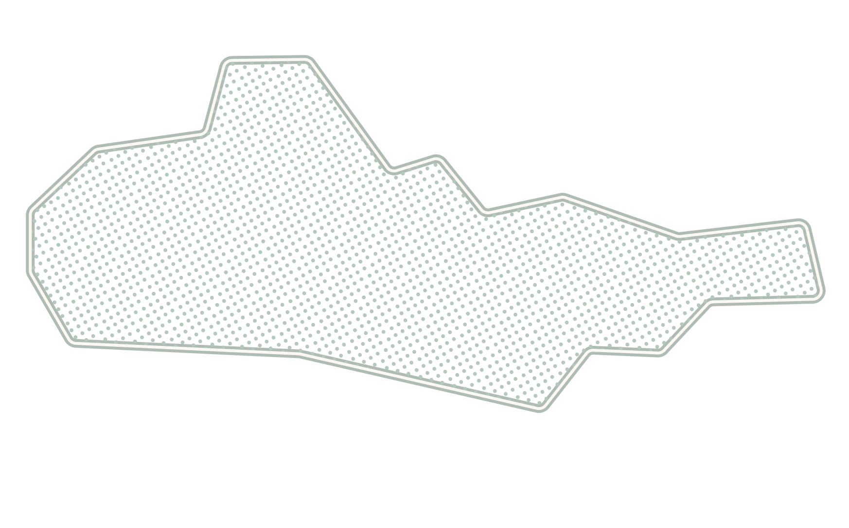 Outlined abstract shape filled with green dots on a black background.