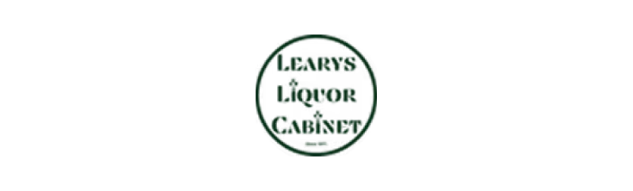 Leary's Liquor Cabinet logo in dark green circular design with text inside.