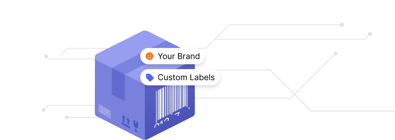Purple box with barcode, custom labels, and markings to represent branded packaging features.