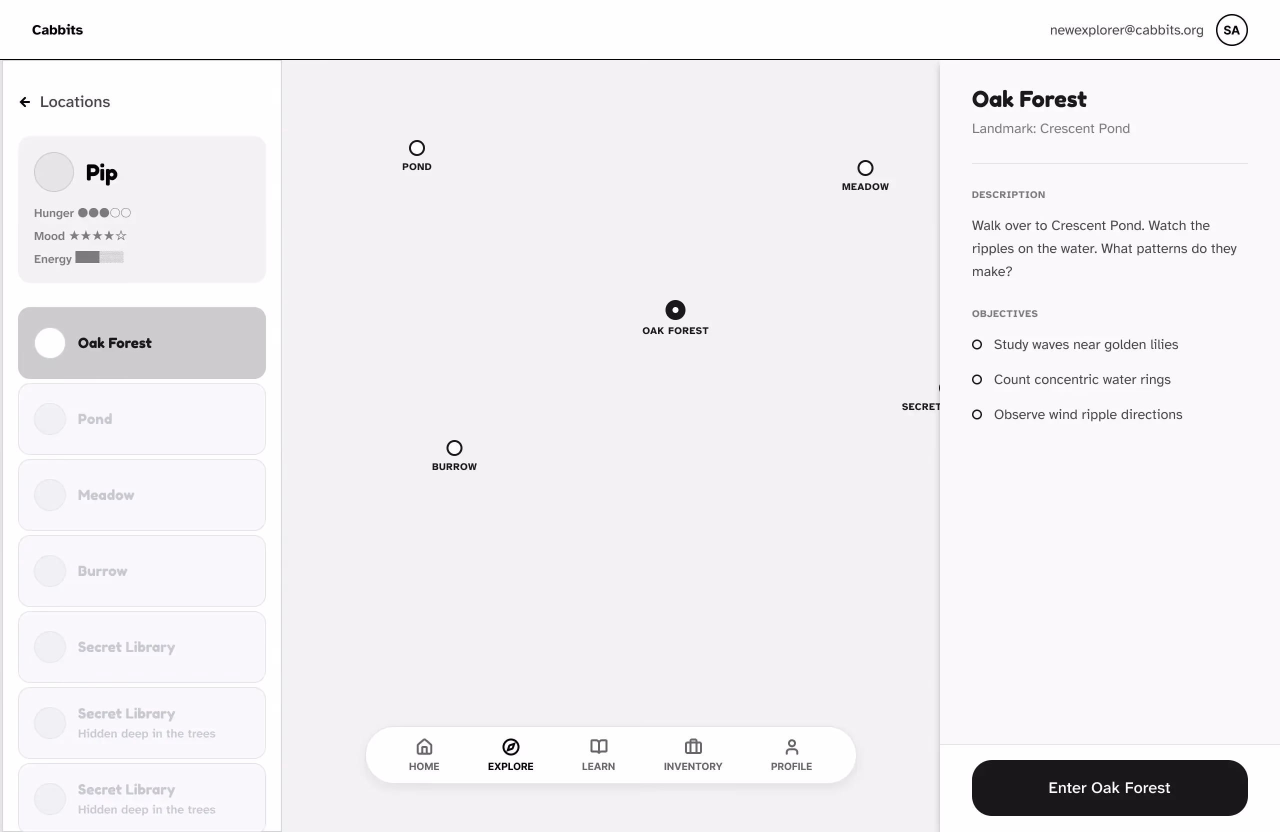 Cabbits game UI showing the Oak Forest map, location objectives, and character Pip’s hunger and mood stats.