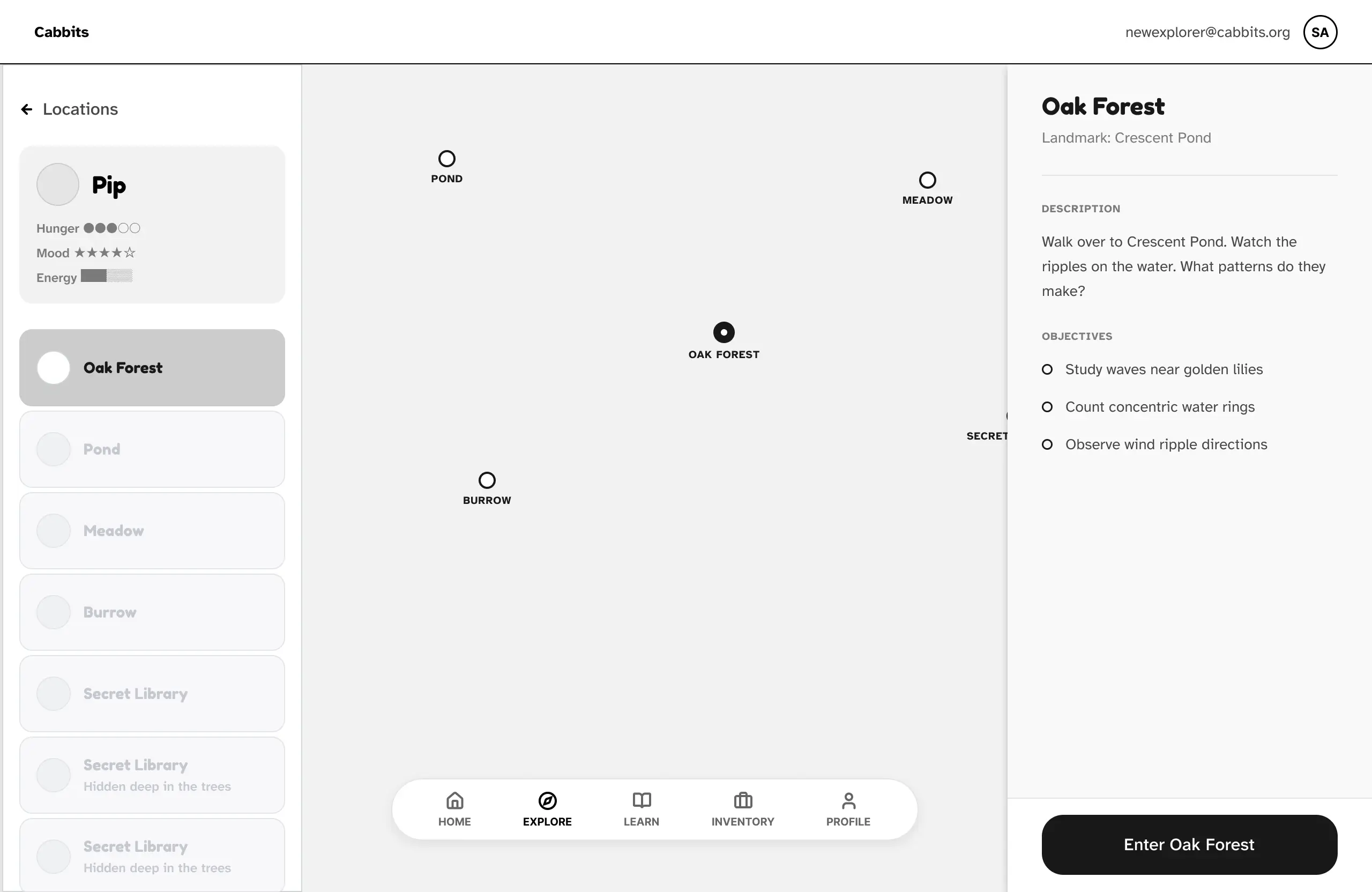 Cabbits game UI showing the Oak Forest map, location objectives, and character Pip’s hunger and mood stats.