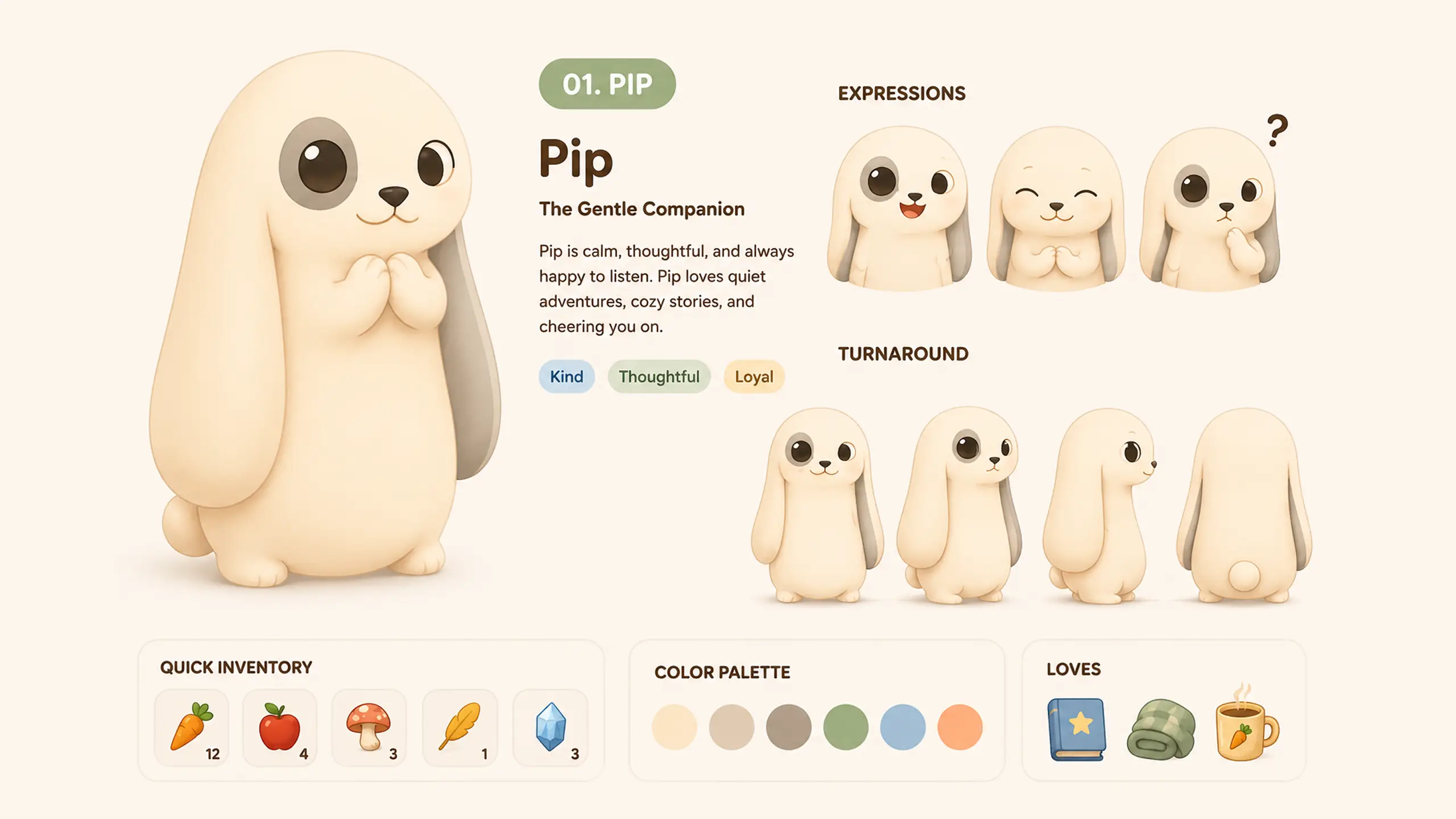 Character sheet for Pip the Gentle Companion, a beige lop-eared bunny, featuring expressions, turnaround views, and items.
