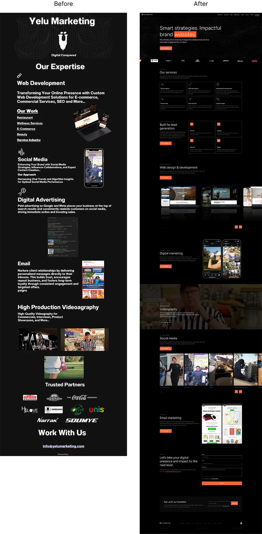 Yelu Marketing website before and after the redesign, from a cluttered, inconsistent layout to a clean, organized one