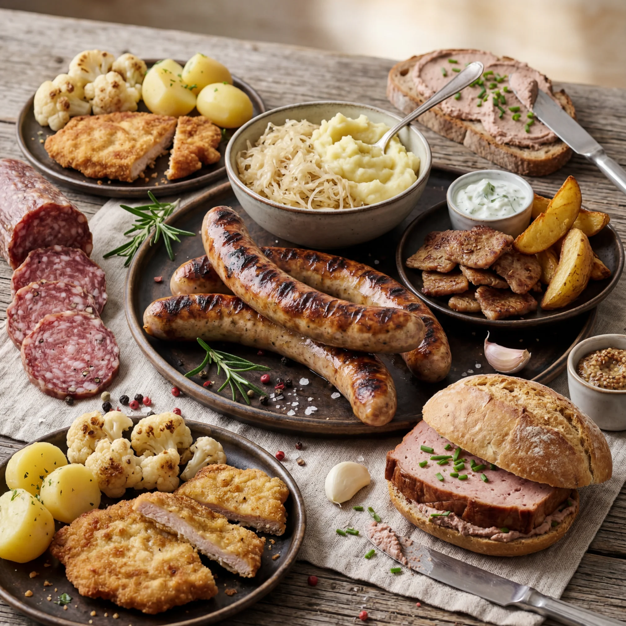 Auswahl der Mittagsgerichte: Schnitzel, Bratwurst, Sauerkraut, Kartoffelpüree, Leberkäsebrötchen und Salami auf einem Holztisch