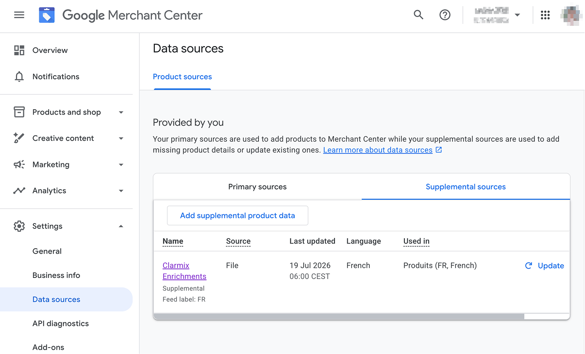 Image showing a supplemental source on Google Merchant Center.
