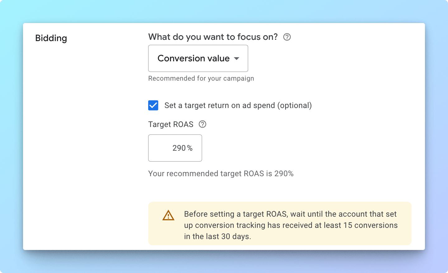 Screenshot from Google Ads showing the target ROAS configuration.