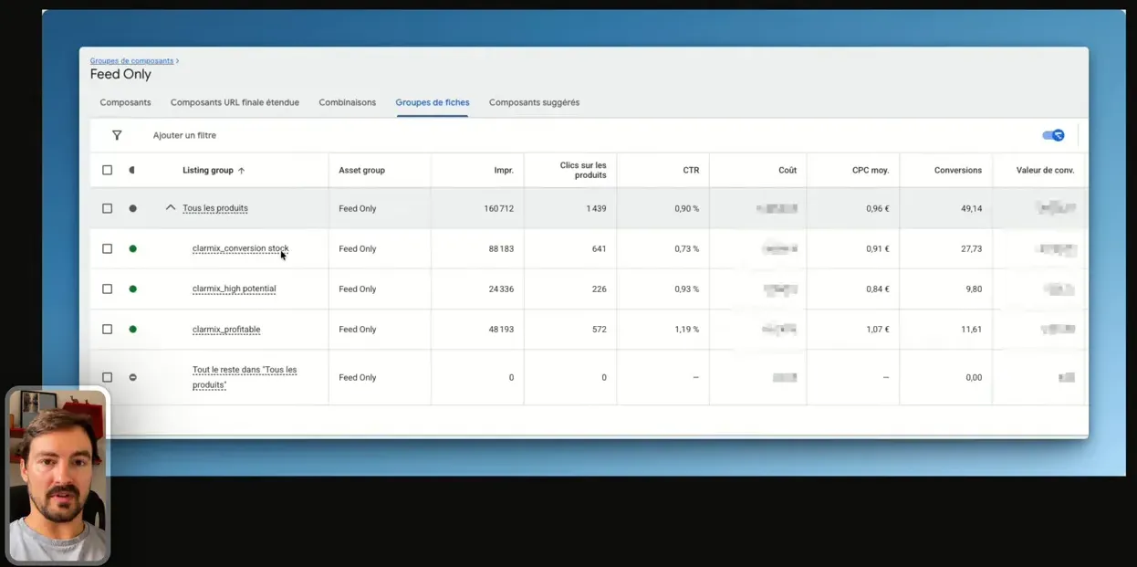 Screenshot des groupes de fiches dans une campagne PMax Google Ads.