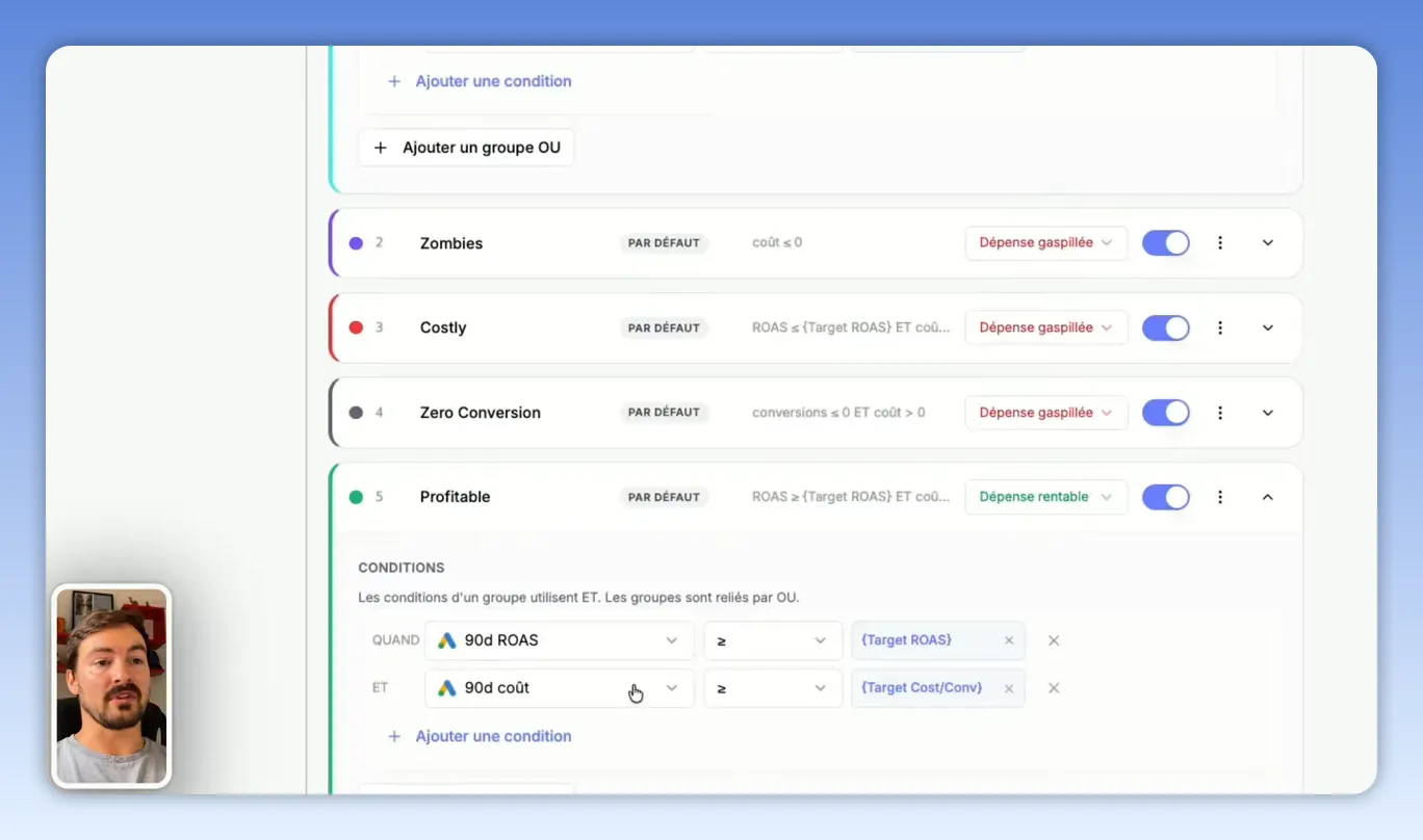Interface Clarmix affichant les règles de labels produits et les conditions du label Conversion Stock