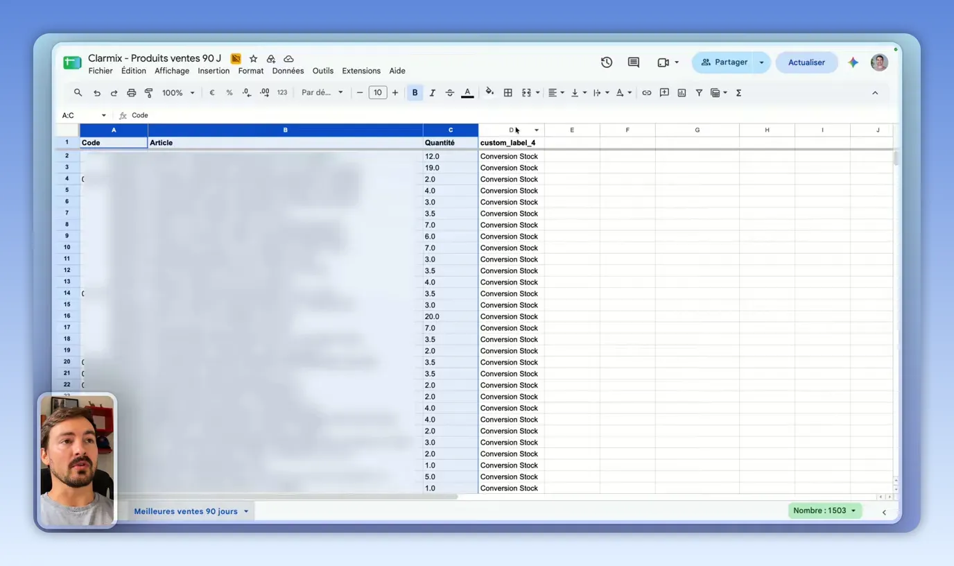 Feuille Google Sheets avec une colonne de libellé personnalisé remplie pour plusieurs produits