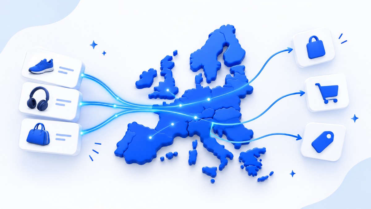 3D map of Europe with product feeds flowing to marketplaces and shopping channels