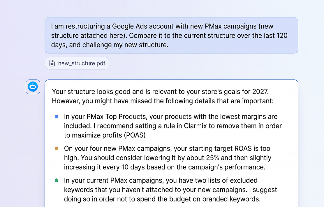 Image showing an example of a conversation from a PPC e-commerce specialist with an AI chat.