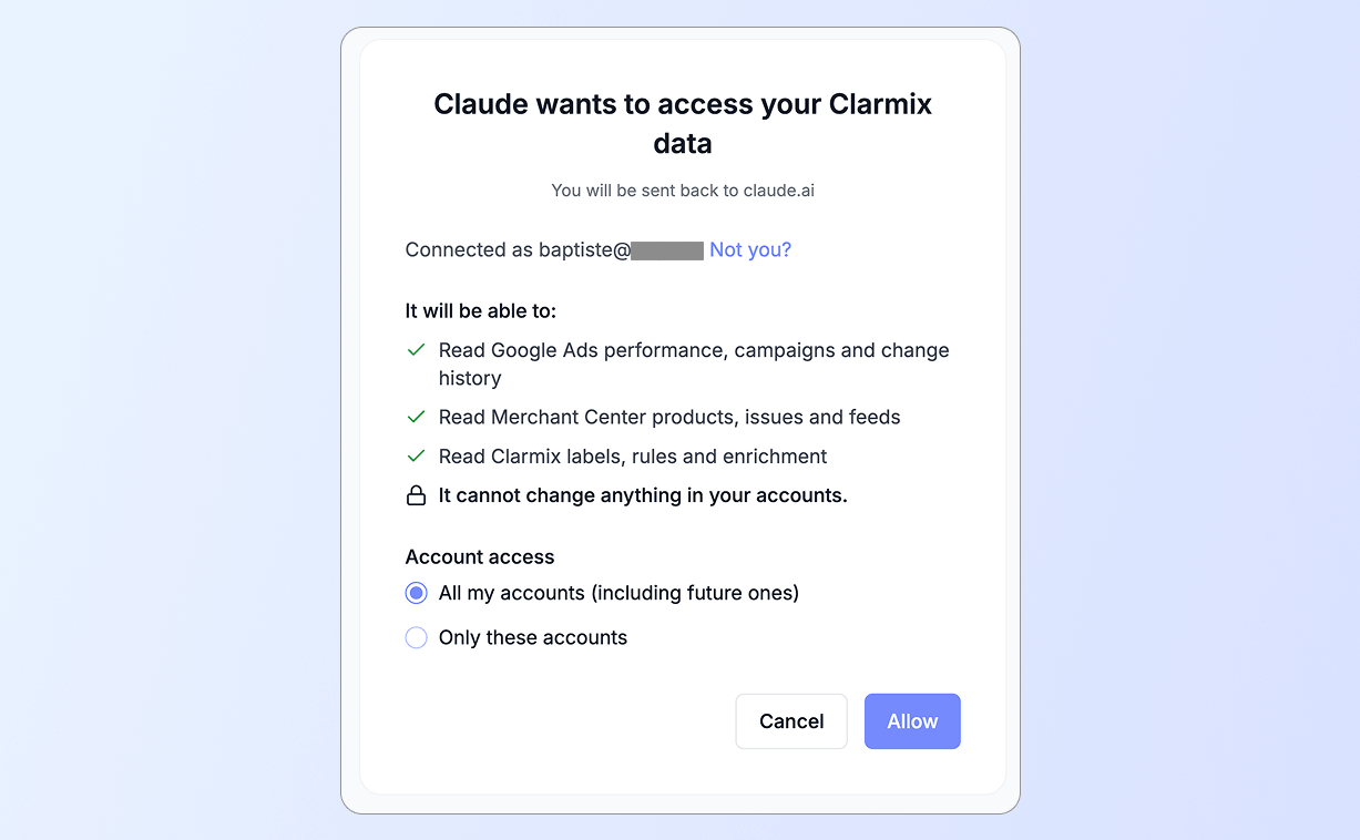 Screenshot showing the cloud authorization pop-up to access the Clarmix data.