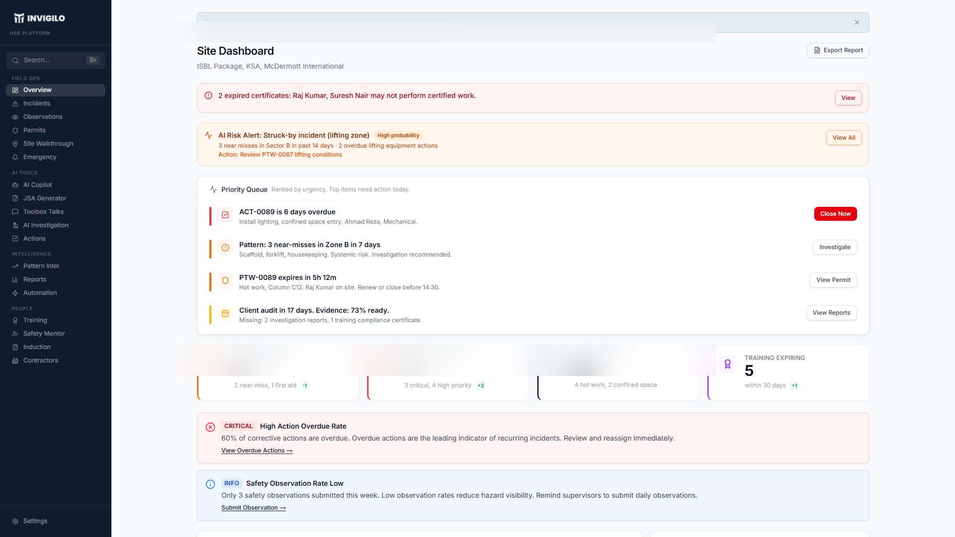 Corrective action workflow home screen