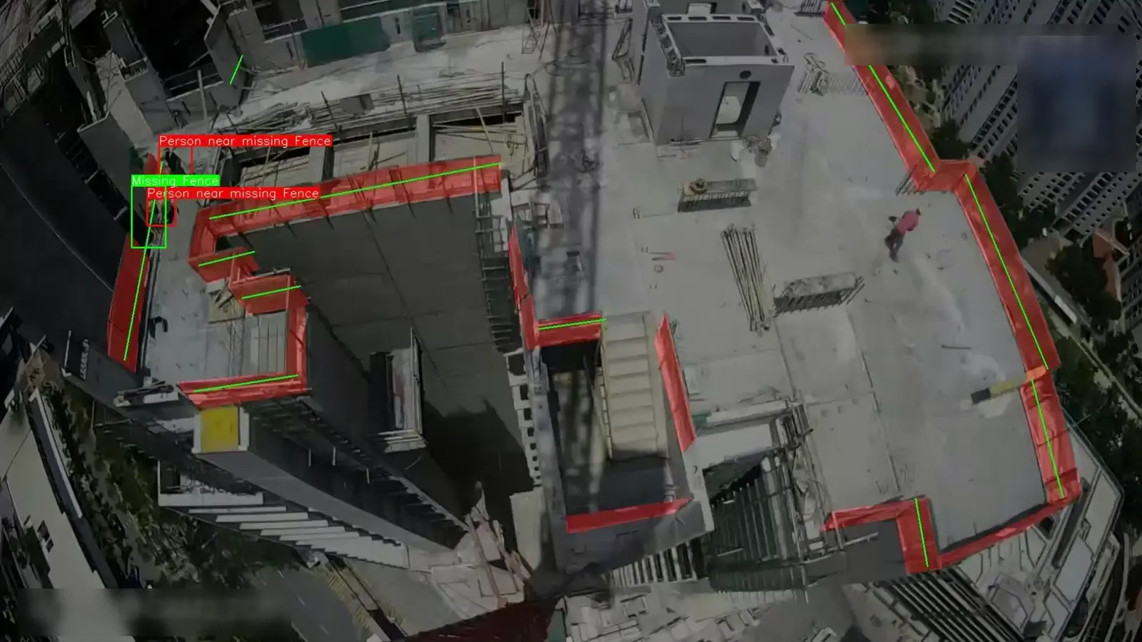 Site footage from a construction site, an oil and gas drill floor, a plant yard and a logistics dock, with Invigilo detections marked