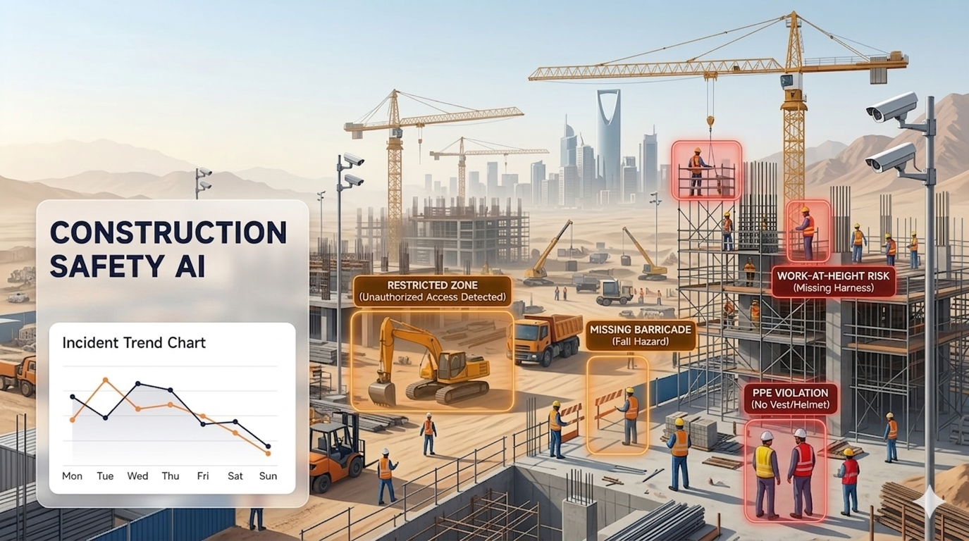 AI cameras monitoring safety on a Saudi Arabian construction site