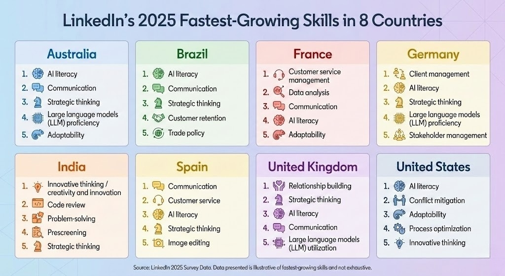 LinkedIn’s 2025 fast-growing skills in 8 countries