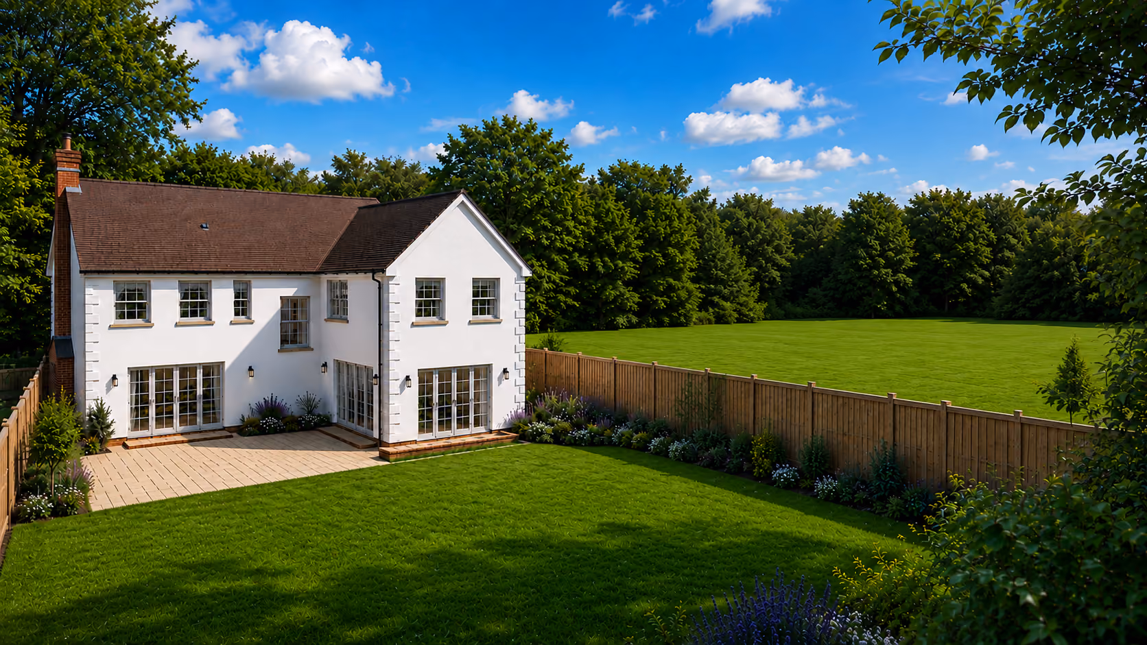 A white georgian house with empty fields next door