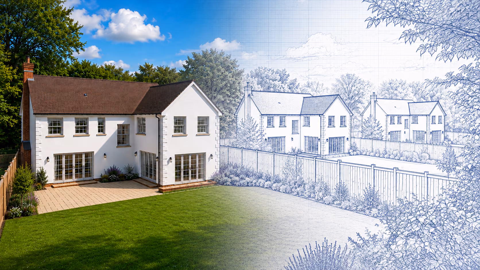 A blueprint image of one house and two more next door 