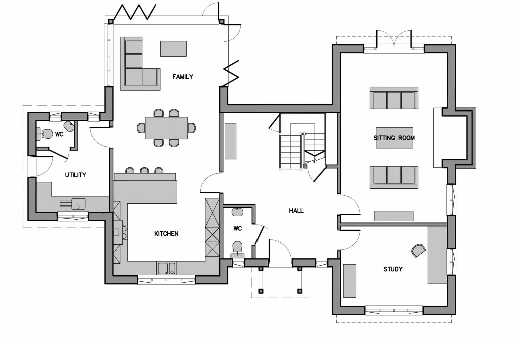 House floor plan with family room, kitchen, utility, two WCs, hall, sitting room, and study.
