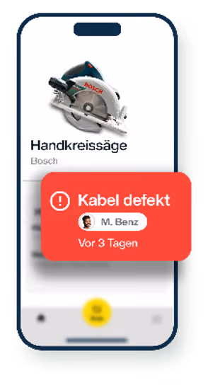 Smartphone-Display, dass einen Defekt von einer Kreissäge zeigt