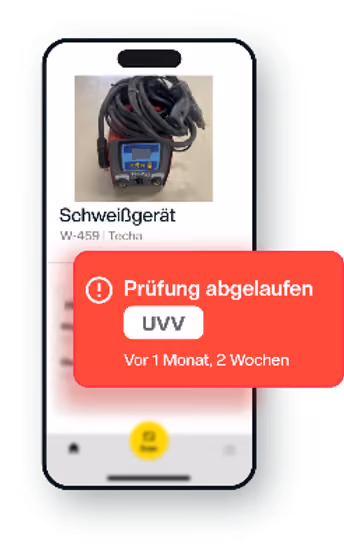 Smartphone-Display, dass eine abgelaufene UVV-Prüfung bei einem Schweißgerät zeigt.