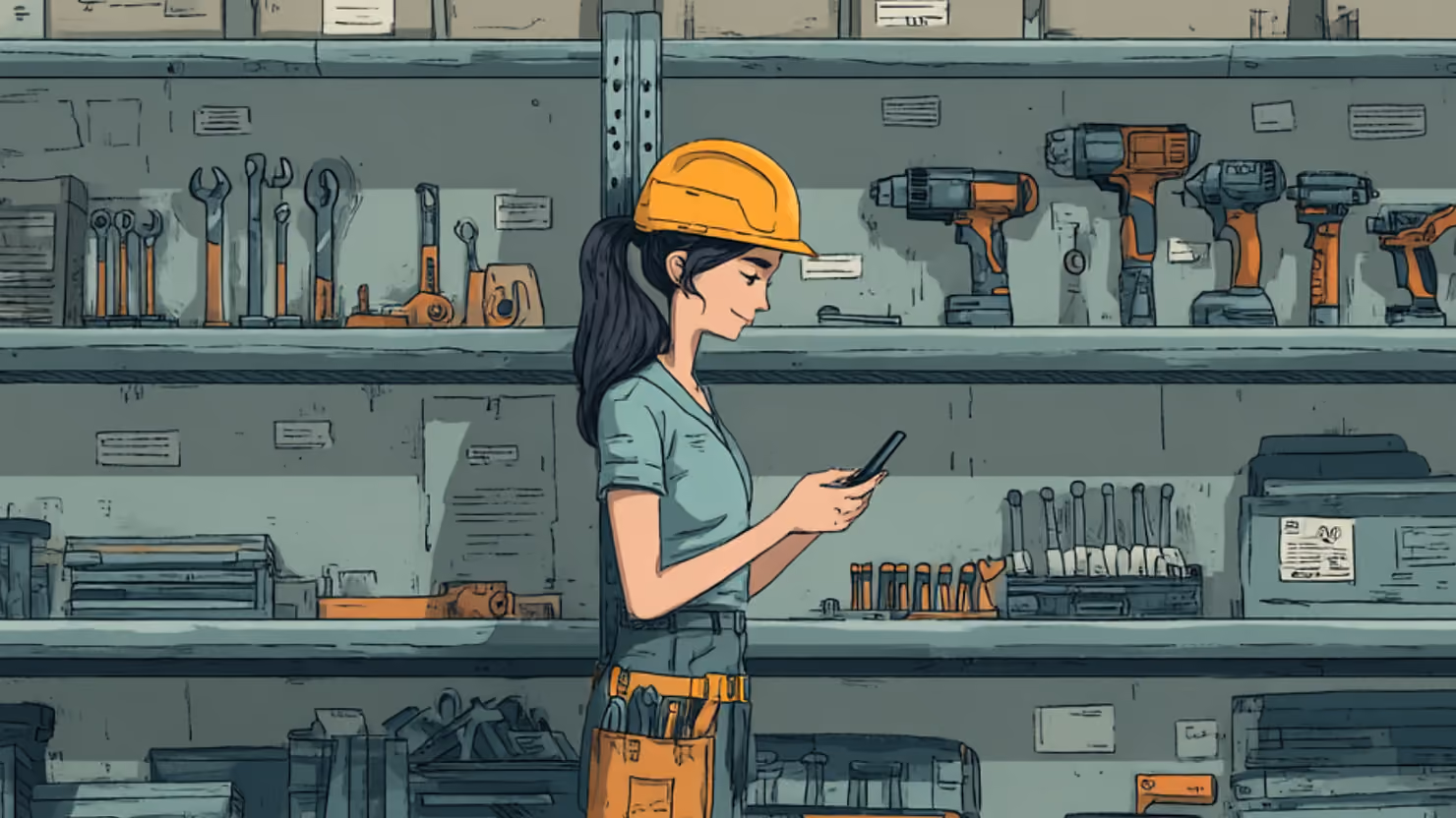 Handwerkerin schaut auf Smartphone in einem geordneten Lager