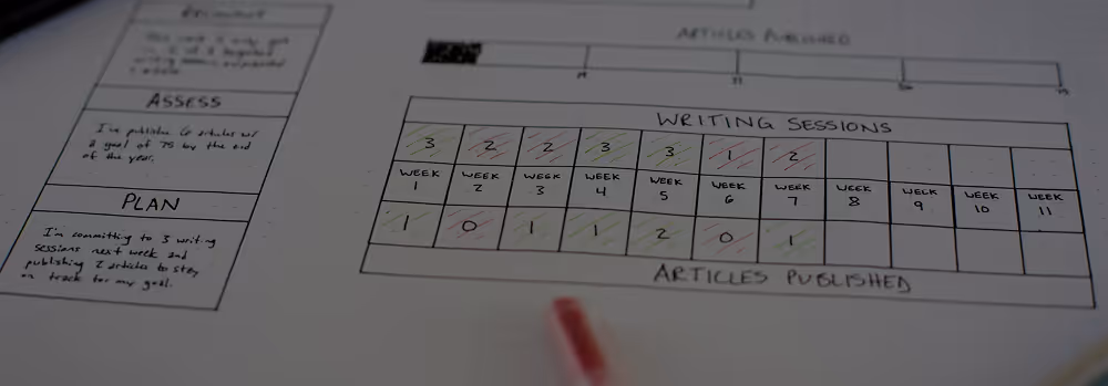Handwritten weekly writing sessions tracker with numbers and notes on white paper.