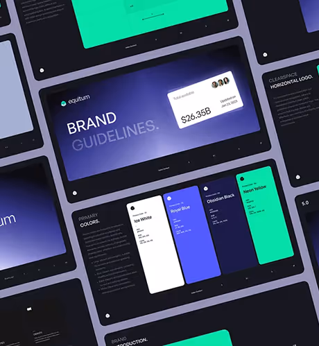 Equitum brand guidelines pages showing colors Ice White, Royal Blue, Obsidian Black, Neon Yellow and logo usage.