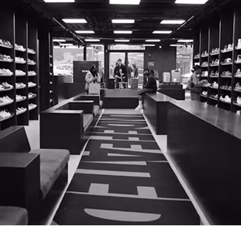 Interior of a modern sneaker store with shoes displayed on shelves and customers inside.