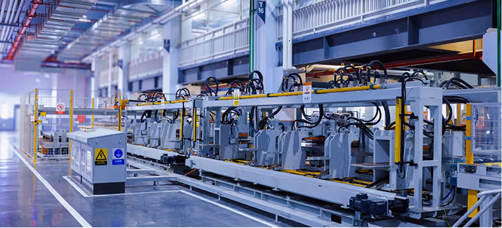 Automated industrial machinery with mechanical arms inside a spacious factory floor.