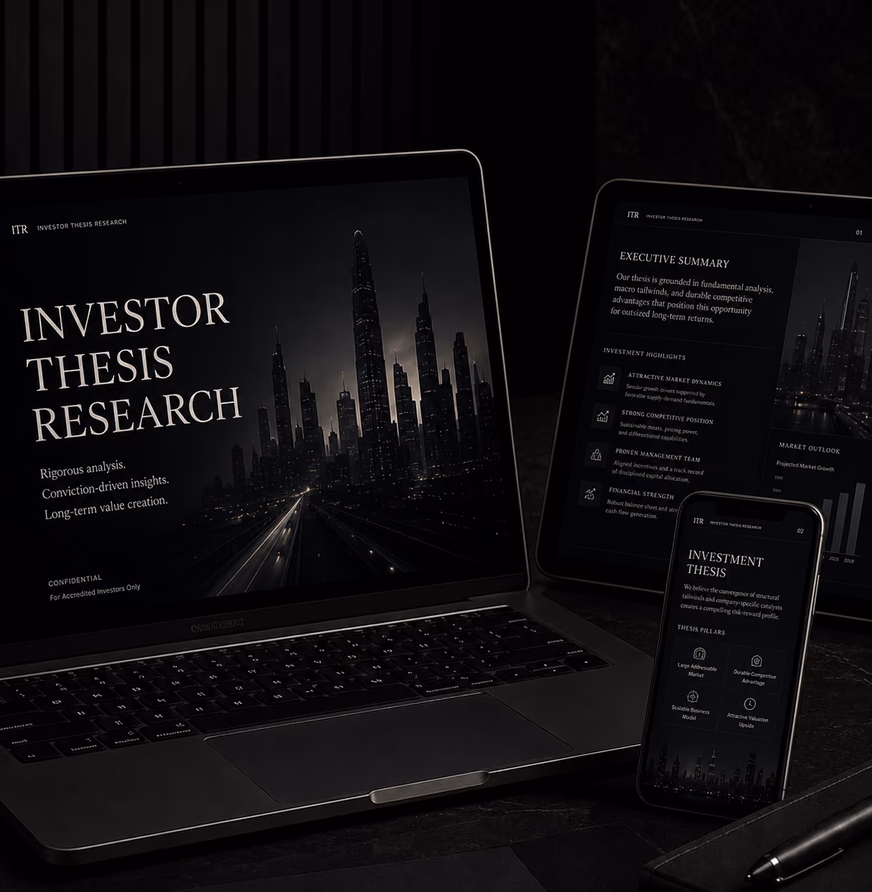 Investor thesis research displayed across laptop, tablet, and phone with professional financial presentation. 